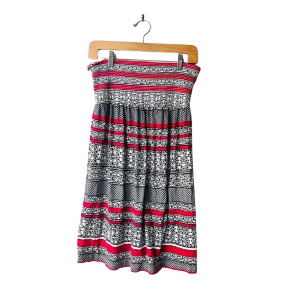 Juicy Couture Strapless Red & Brown Print Dress | Size M